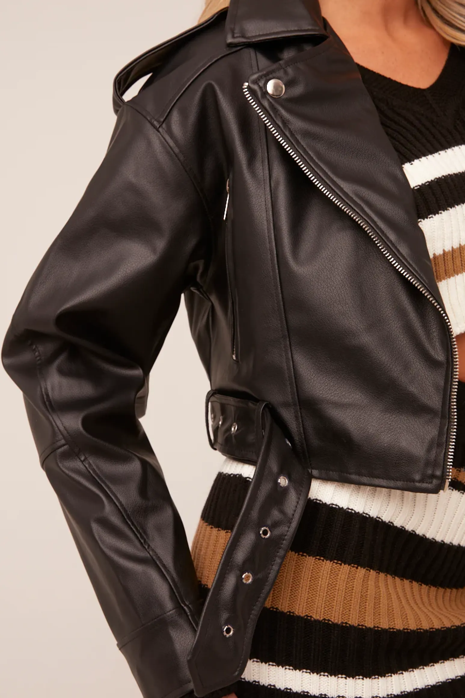 Rebellious Fashion Black Faux Leather Biker Jacket - Loden