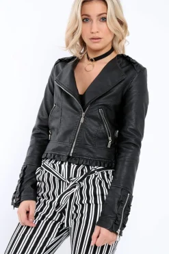 Rebellious Fashion Black Faux Leather Biker Jacket - Colleen