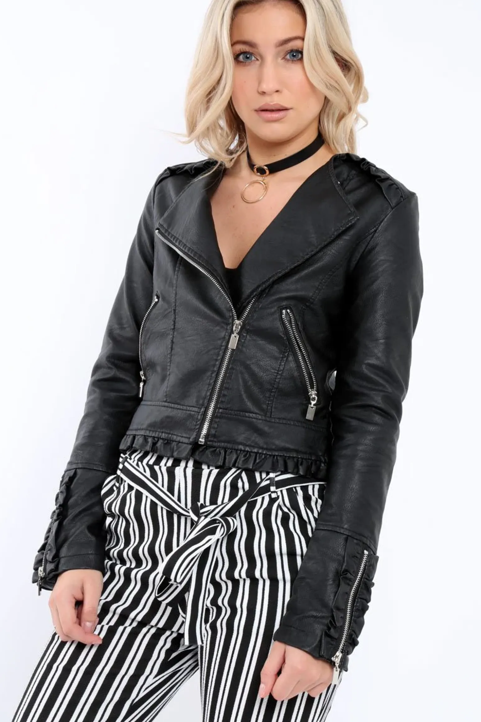 Rebellious Fashion Black Faux Leather Biker Jacket - Colleen