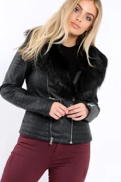 Rebellious Fashion Black Faux Leather Biker Jacket with Fur Collar - Lindy