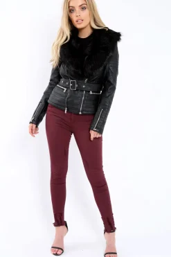 Rebellious Fashion Black Faux Leather Biker Jacket with Fur Collar - Lindy
