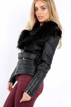Rebellious Fashion Black Faux Leather Biker Jacket with Fur Collar - Lindy