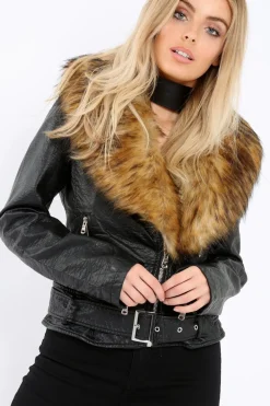 Rebellious Fashion Black Faux Leather Biker Jacket with Brown Fur Collar - Livi