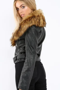 Rebellious Fashion Black Faux Leather Biker Jacket with Brown Fur Collar - Livi