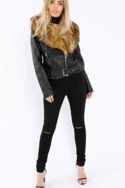 Rebellious Fashion Black Faux Leather Biker Jacket with Brown Fur Collar - Livi
