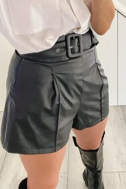 Rebellious Fashion Black Faux Leather Buckle Belt Shorts - Tamra