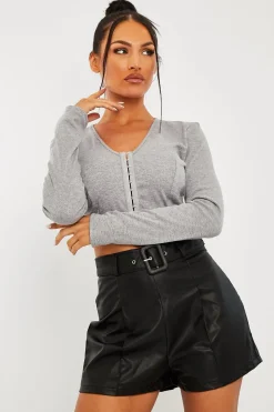 Rebellious Fashion Black Faux Leather Buckle Belt Shorts - Tamra