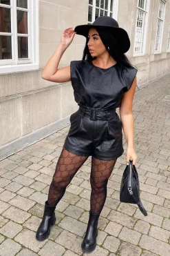 Rebellious Fashion Black Faux Leather Buckle Belt Shorts - Tamra