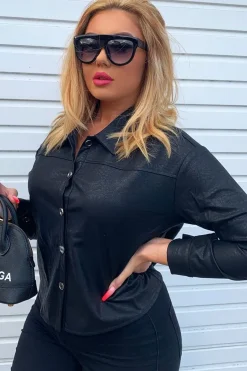 Rebellious Fashion Black Faux Leather Button Up Shirt - Bellarae