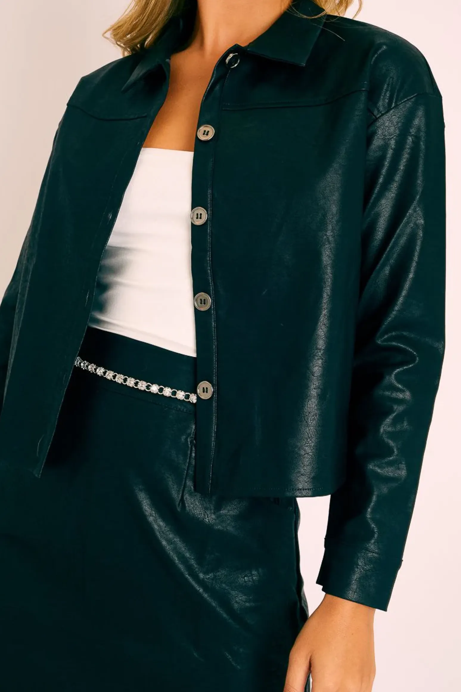Rebellious Fashion Black Faux Leather Button Up Shirt - Bellarae