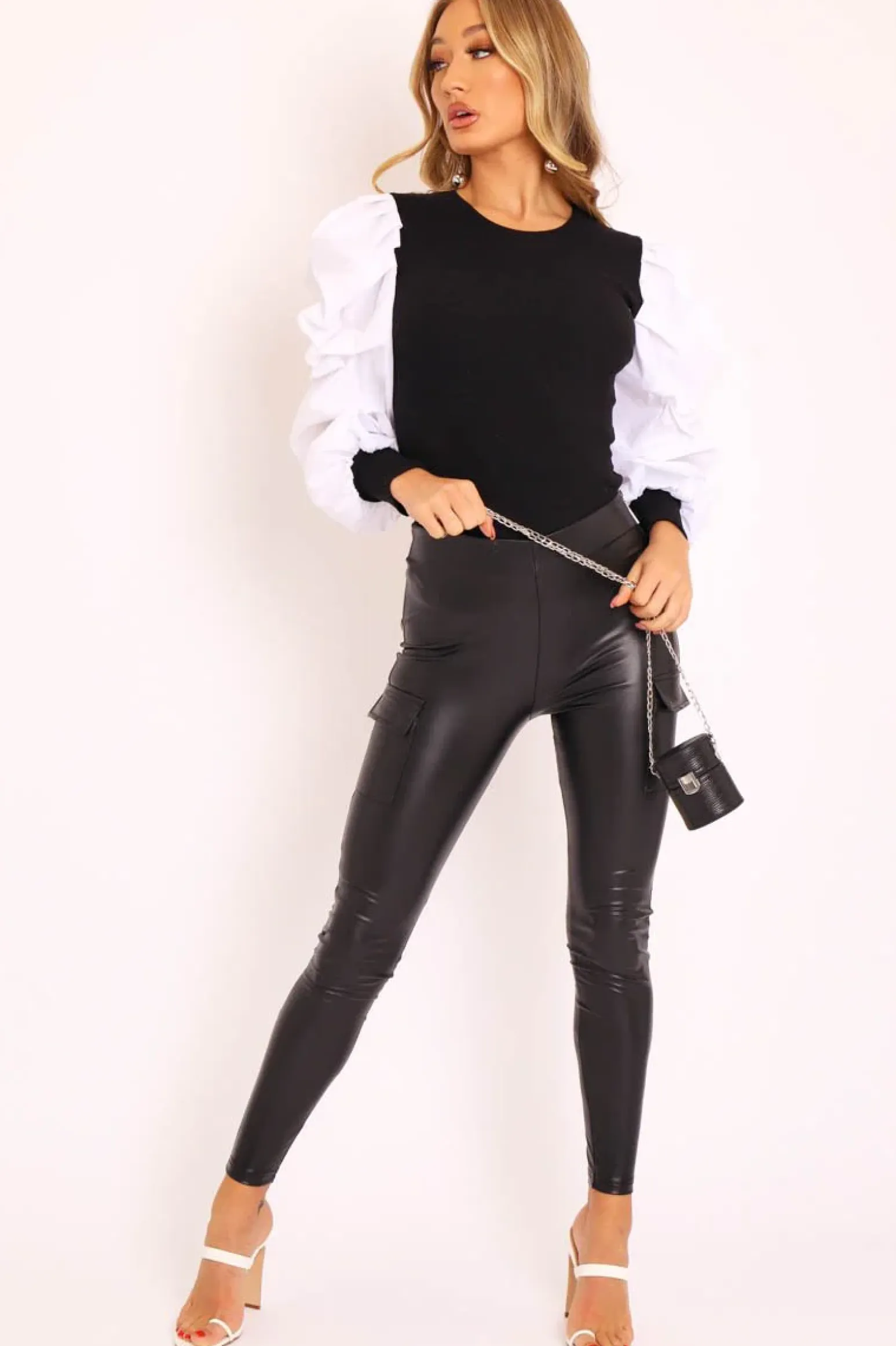 Rebellious Fashion Black Faux Leather Cargo Pocket Leggings - Itzel
