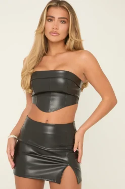 Rebellious Fashion Black Faux Leather Corset and Mini Skirt Co-Ord - Margaret