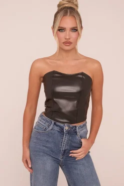 Rebellious Fashion Black Faux Leather Corset Detail Crop Top - Lorene