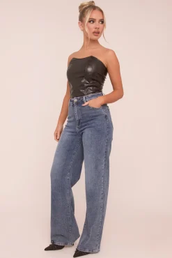Rebellious Fashion Black Faux Leather Corset Detail Crop Top - Lorene