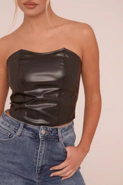 Rebellious Fashion Black Faux Leather Corset Detail Crop Top - Lorene