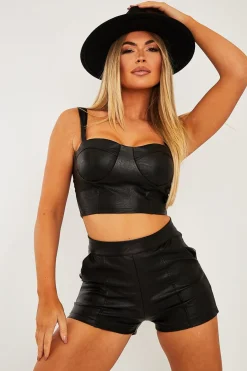 Rebellious Fashion Black Faux Leather Corset Top Shorts Co-ord - Becka