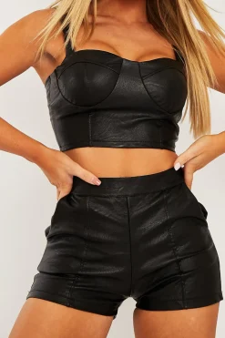 Rebellious Fashion Black Faux Leather Corset Top Shorts Co-ord - Becka