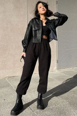 Rebellious Fashion Black Faux Leather Cropped Shacket - Ivyana