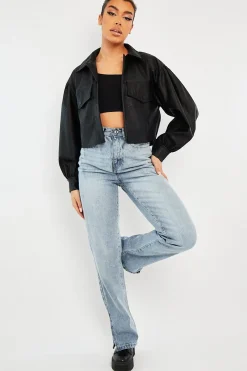Rebellious Fashion Black Faux Leather Cropped Shacket - Ivyana
