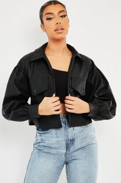 Rebellious Fashion Black Faux Leather Cropped Shacket - Ivyana