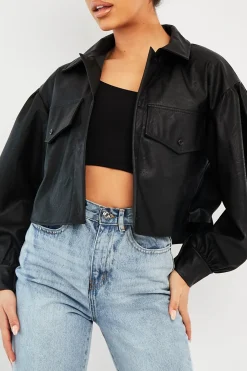 Rebellious Fashion Black Faux Leather Cropped Shacket - Ivyana