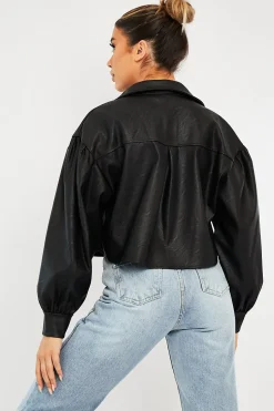 Rebellious Fashion Black Faux Leather Cropped Shacket - Ivyana