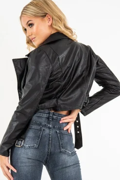 Rebellious Fashion Black Faux Leather Crop Zip Front Jacket - Deniya
