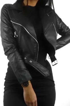 Rebellious Fashion Black Faux Leather Crop Zip Front Jacket - Deniya