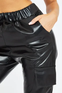 Rebellious Fashion Black Faux Leather Cuffed Cargo Trousers - Beverly