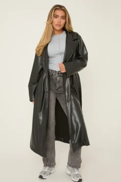 Rebellious Fashion Black Faux Leather Double Breasted Oversized Longline Trench Coat - Ethel