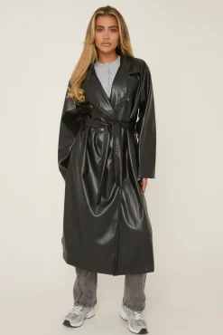 Rebellious Fashion Black Faux Leather Double Breasted Oversized Longline Trench Coat - Ethel