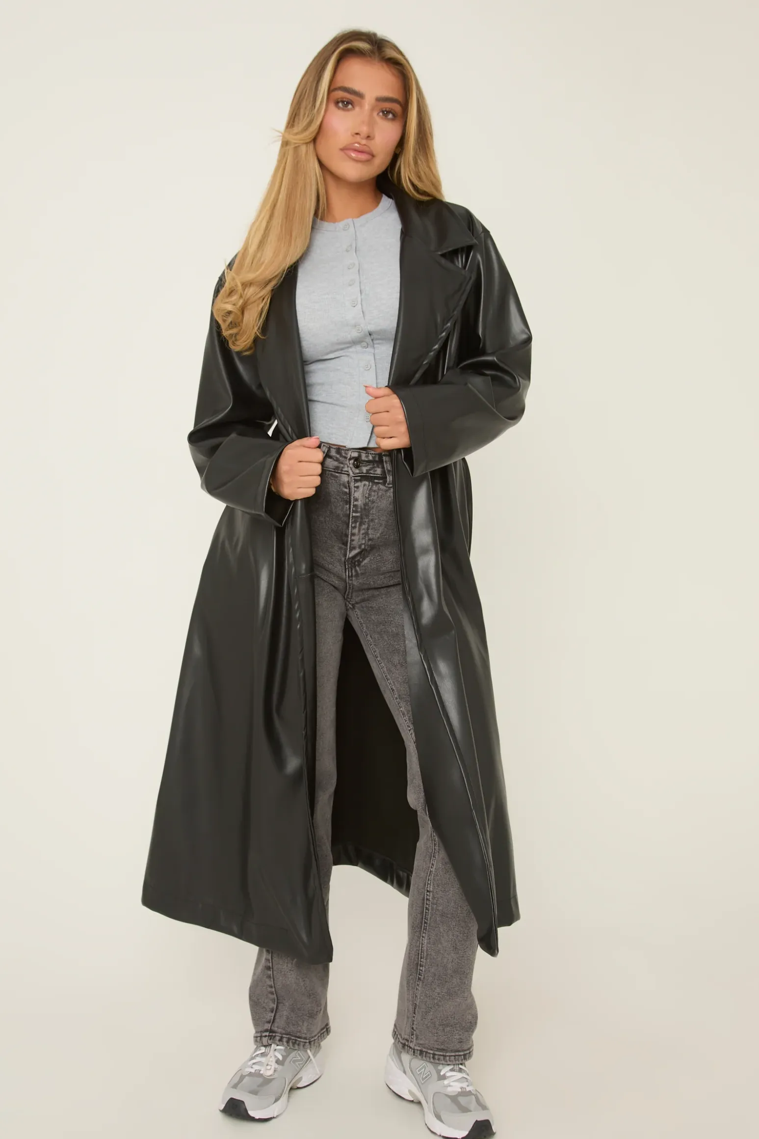 Rebellious Fashion Black Faux Leather Double Breasted Oversized Longline Trench Coat - Ethel