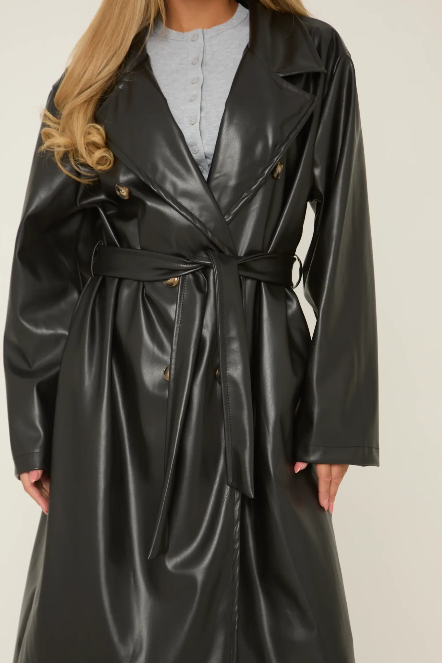 Rebellious Fashion Black Faux Leather Double Breasted Oversized Longline Trench Coat - Ethel