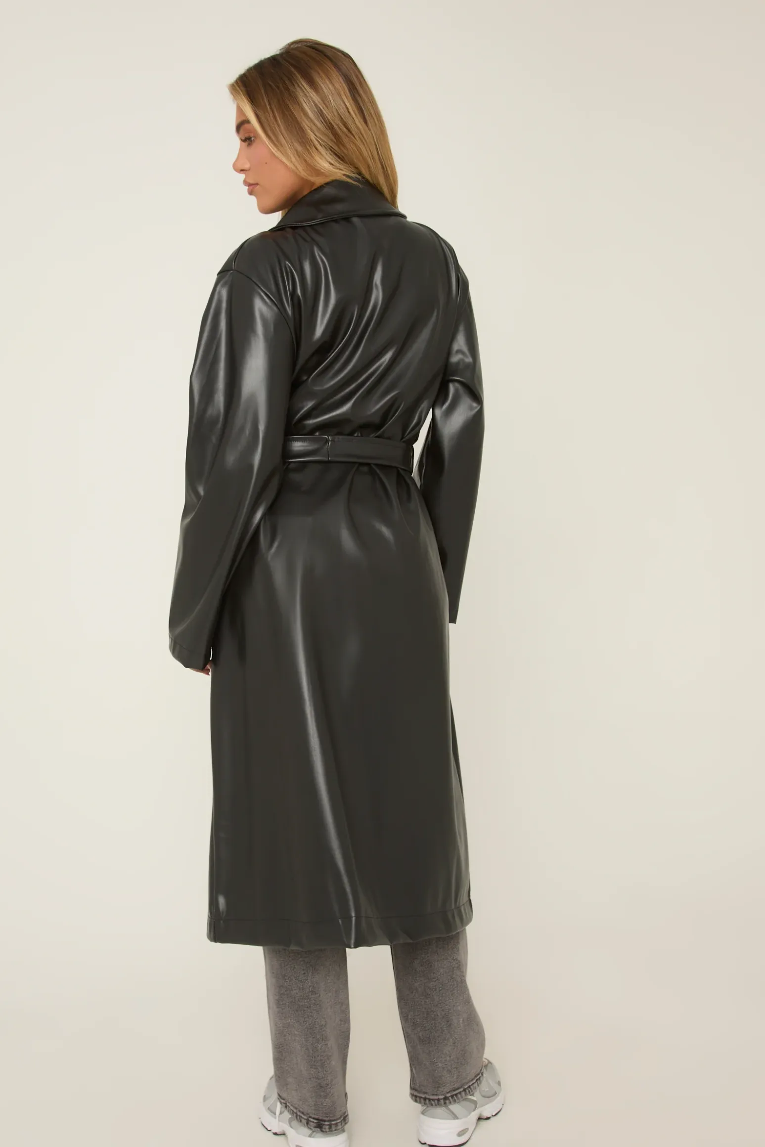 Rebellious Fashion Black Faux Leather Double Breasted Oversized Longline Trench Coat - Ethel