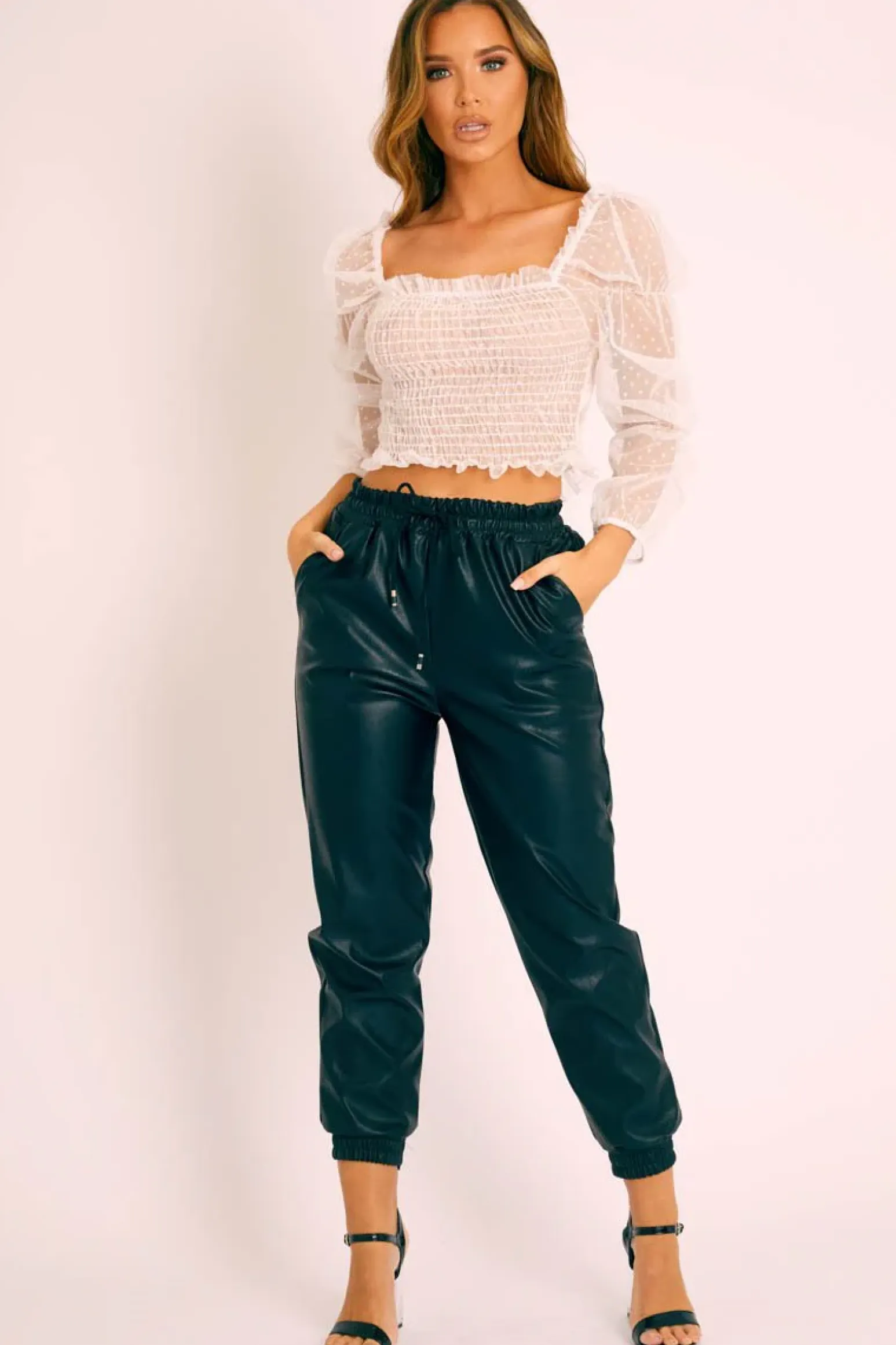 Rebellious Fashion Black Faux Leather Drawstring Waist Joggers - Persia