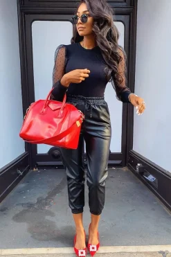 Rebellious Fashion Black Faux Leather Drawstring Waist Joggers - Persia