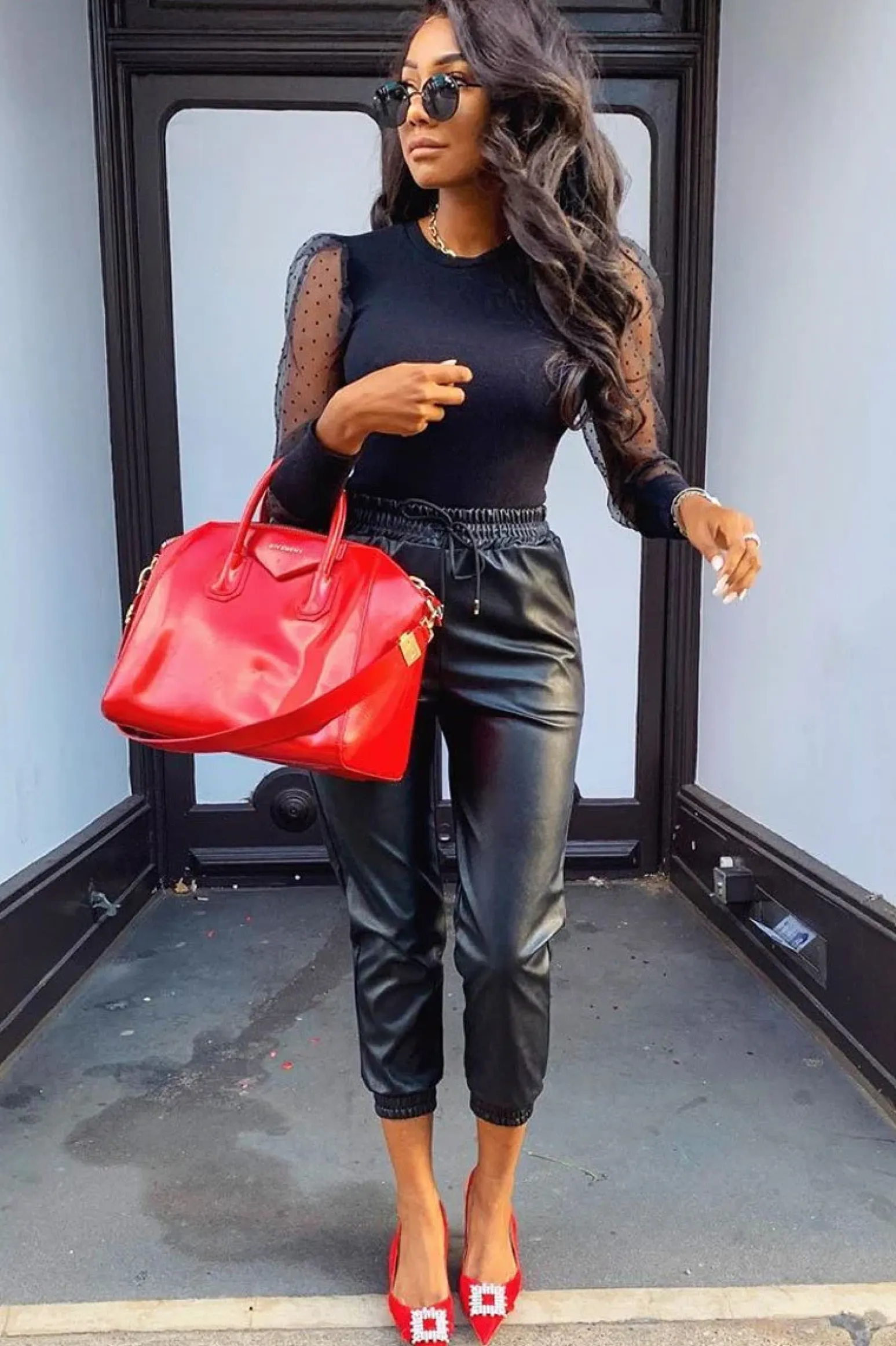Rebellious Fashion Black Faux Leather Drawstring Waist Joggers - Persia