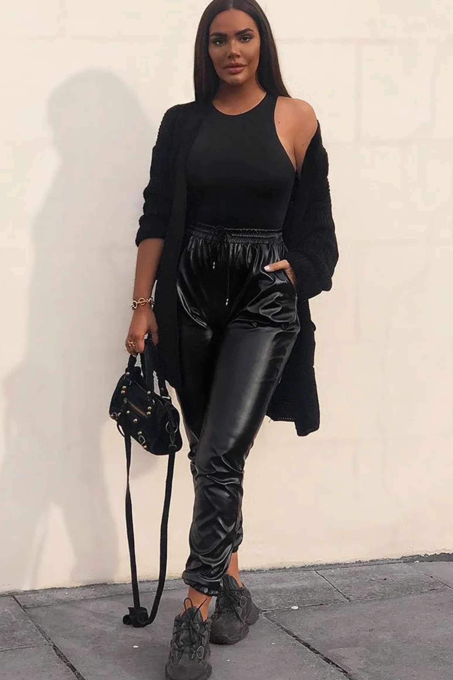 Rebellious Fashion Black Faux Leather Drawstring Waist Joggers - Persia