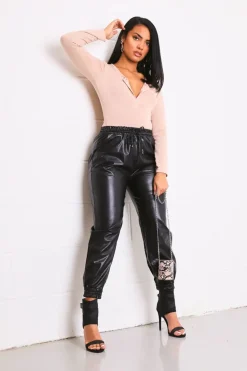 Rebellious Fashion Black Faux Leather Drawstring Waist Joggers - Persia