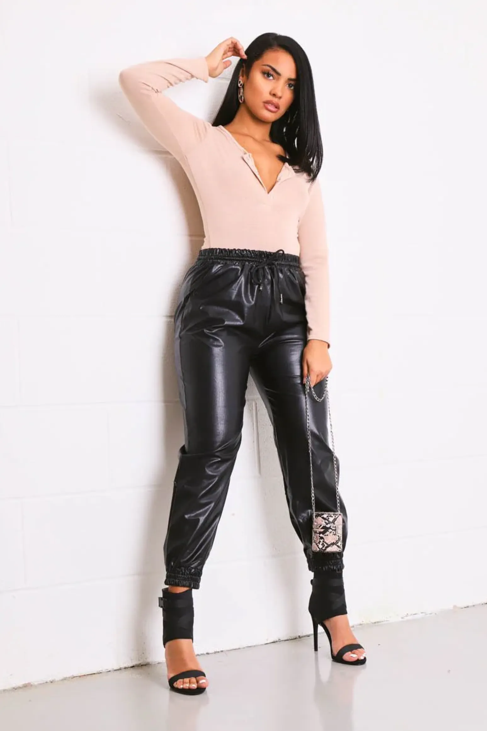 Rebellious Fashion Black Faux Leather Drawstring Waist Joggers - Persia