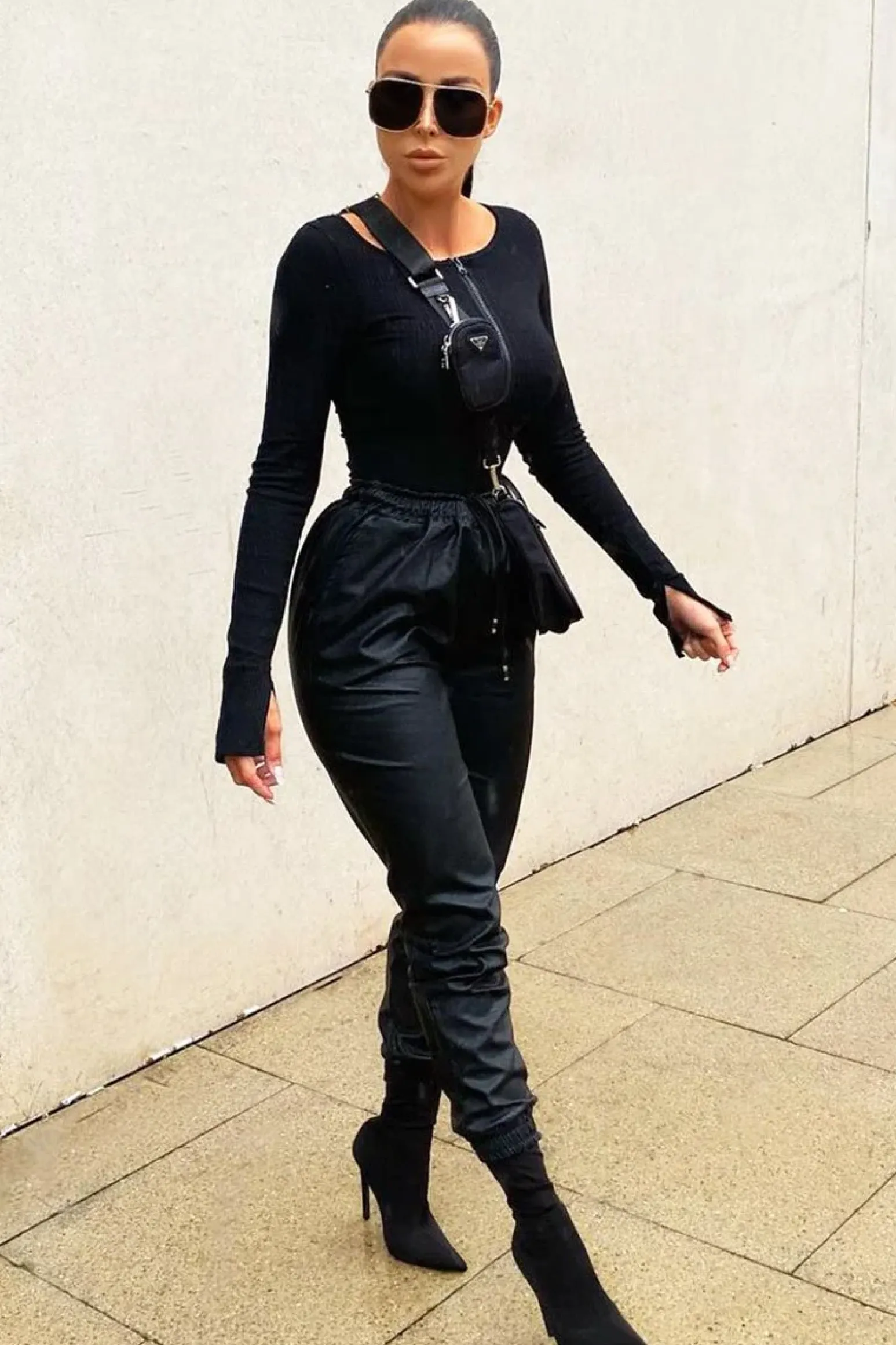 Rebellious Fashion Black Faux Leather Drawstring Waist Joggers - Persia