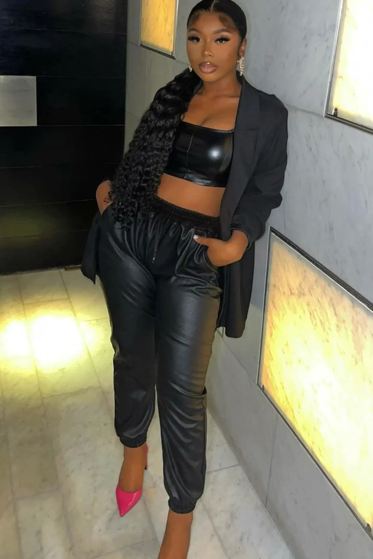 Rebellious Fashion Black Faux Leather Drawstring Waist Joggers - Persia