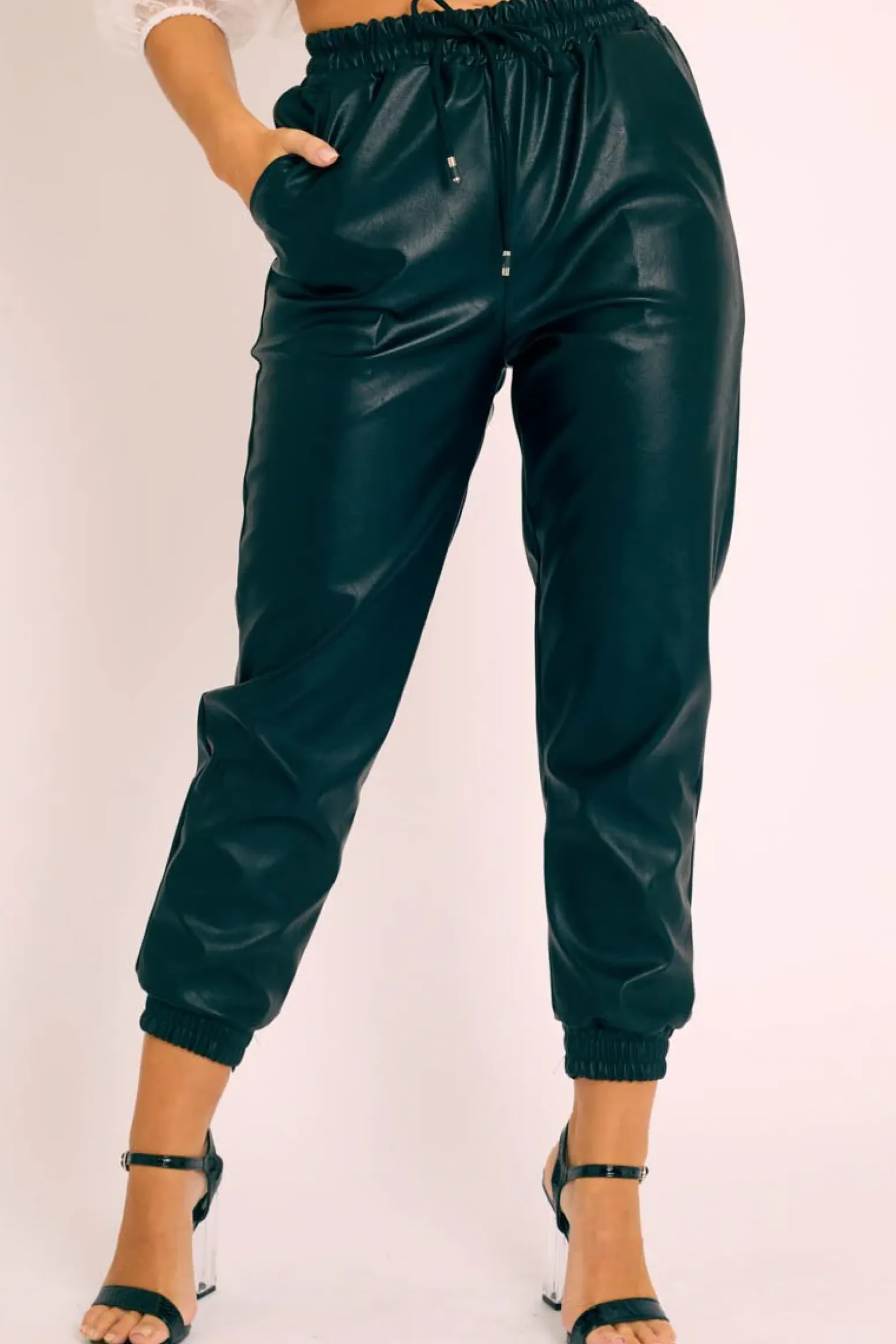 Rebellious Fashion Black Faux Leather Drawstring Waist Joggers - Persia