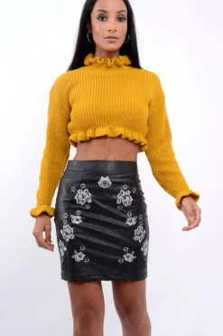 Rebellious Fashion Black Faux Leather Embroidered Skirt - Ming