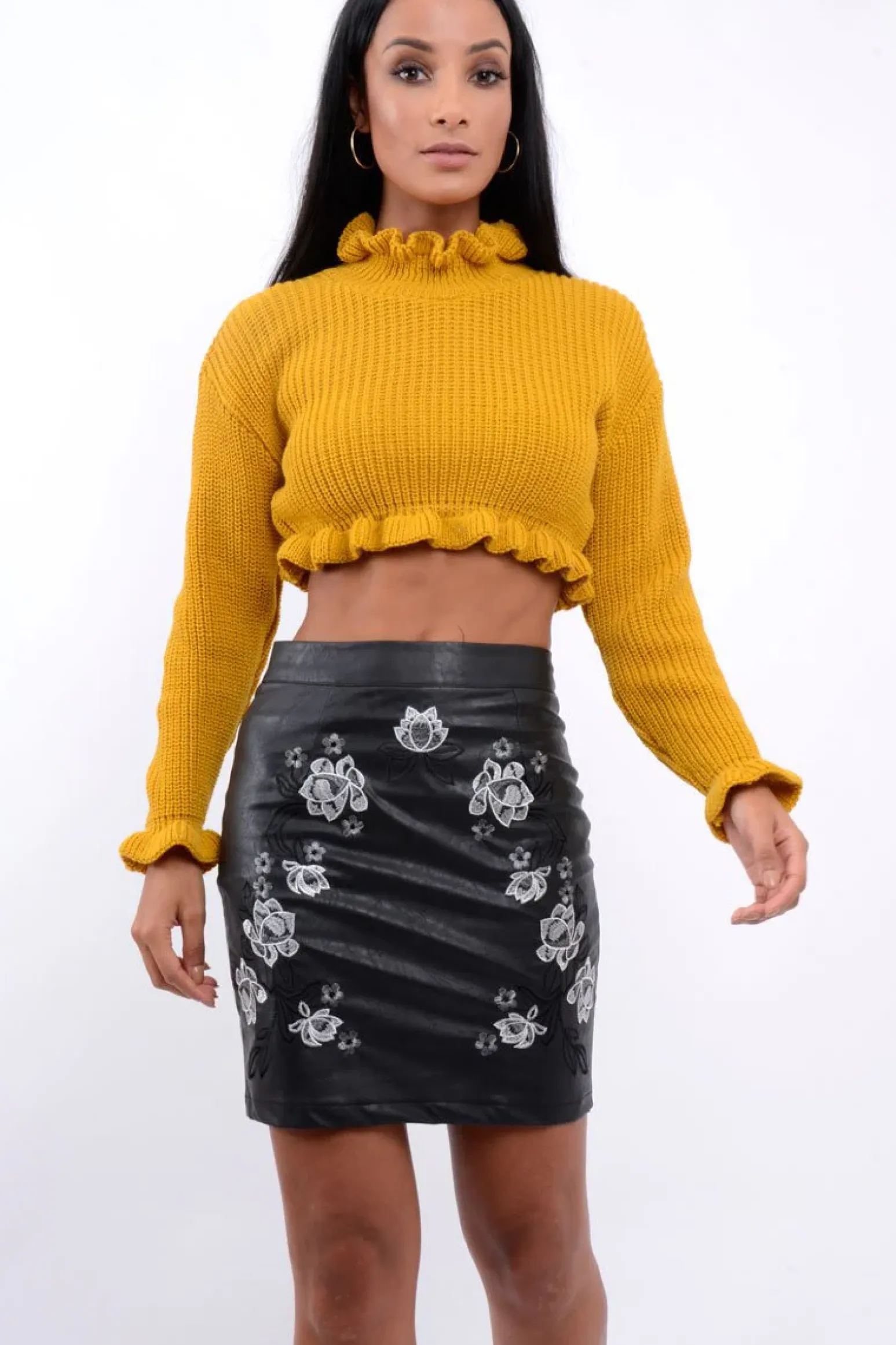 Rebellious Fashion Black Faux Leather Embroidered Skirt - Ming