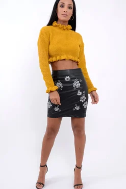 Rebellious Fashion Black Faux Leather Embroidered Skirt - Ming