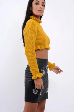 Rebellious Fashion Black Faux Leather Embroidered Skirt - Ming