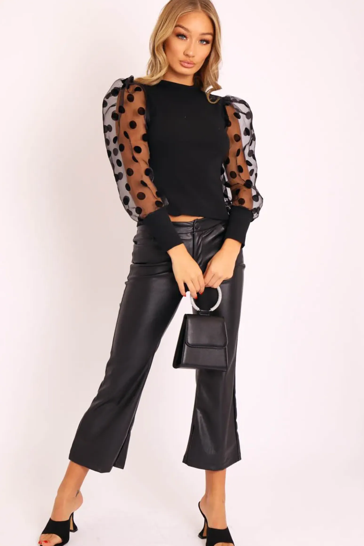 Rebellious Fashion Black Faux Leather Flared Crop Trousers - Makai