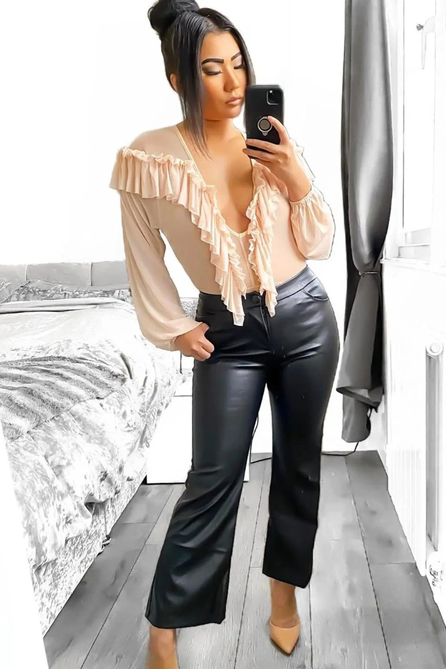 Rebellious Fashion Black Faux Leather Flared Crop Trousers - Makai