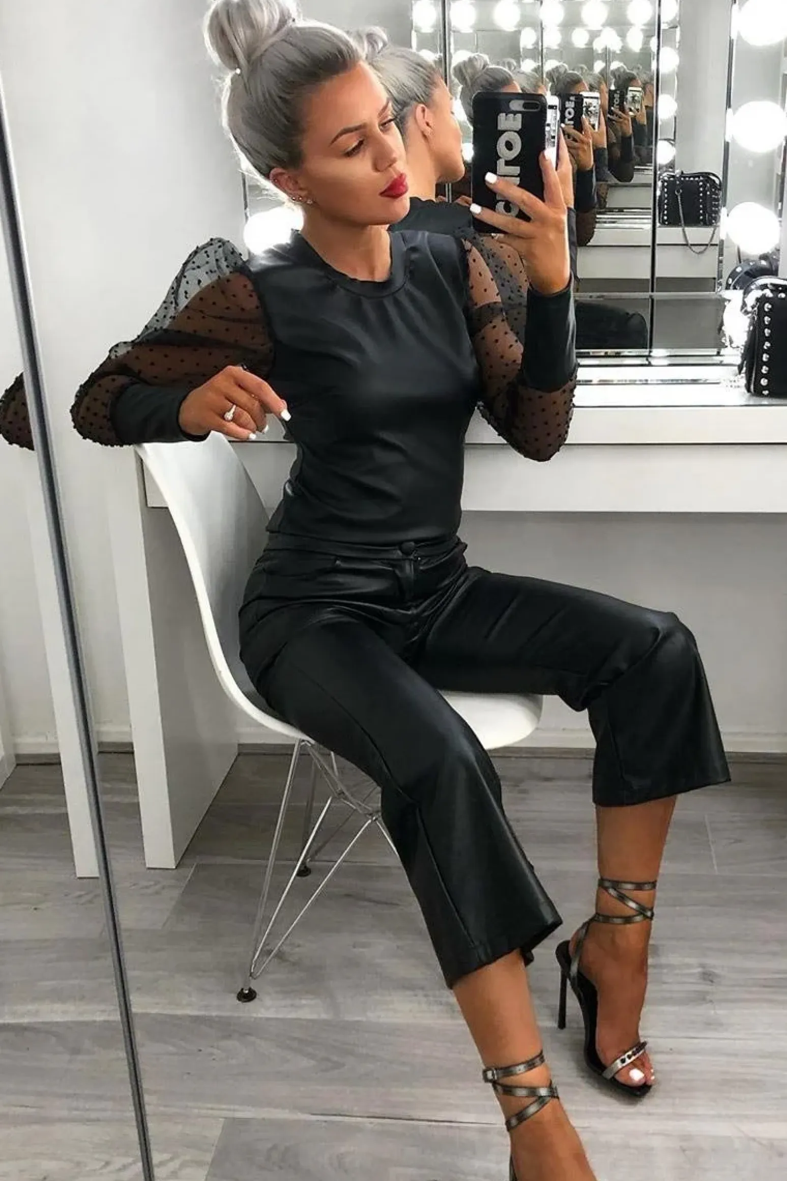 Rebellious Fashion Black Faux Leather Flared Crop Trousers - Makai